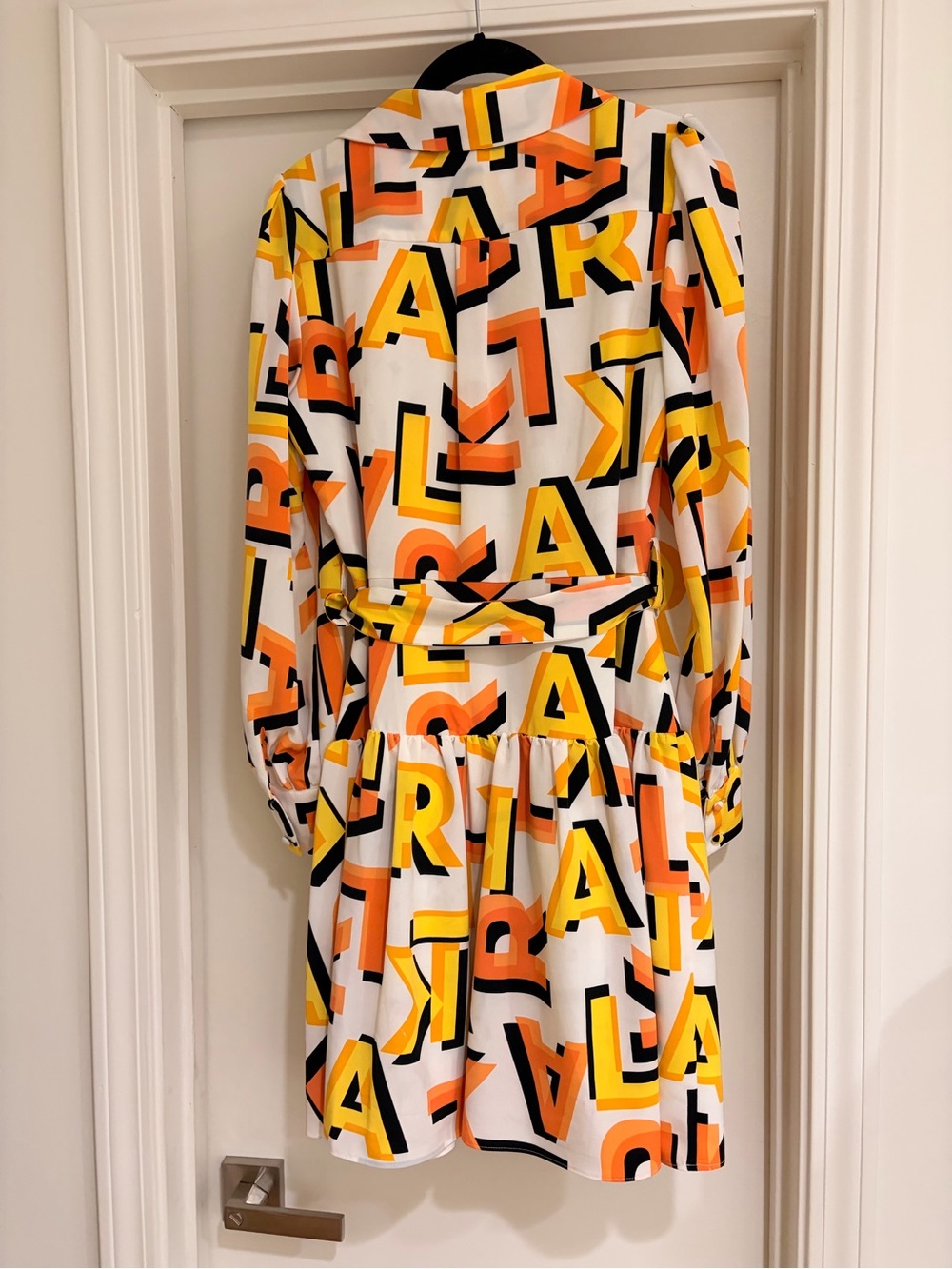 Graphic Letter Print Shirt Dress in White, Yellow & Orange - Picture 3 of 4